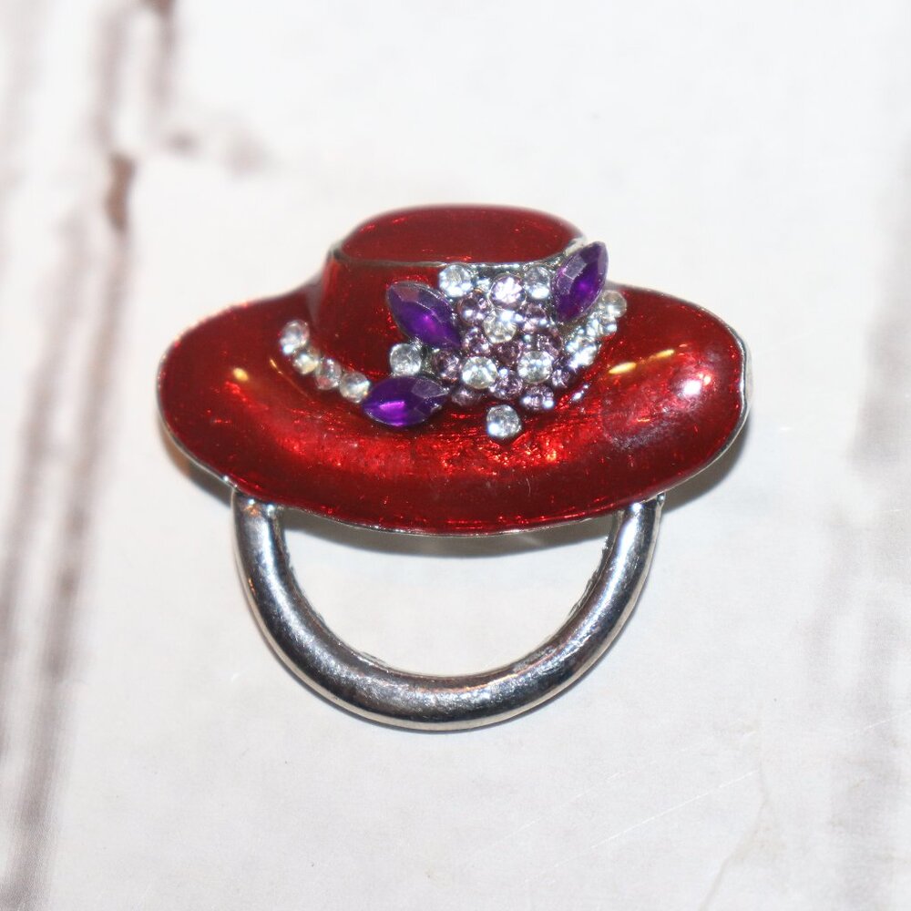 Beautiful silver, red and rhinestone hat brooch 1.5"